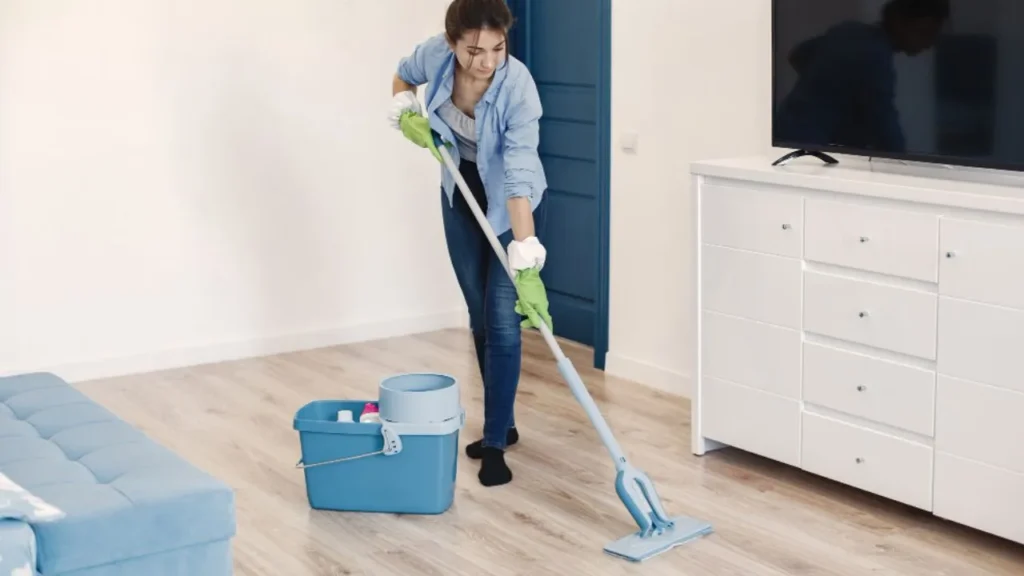 You need a mop, a bucket, a floor cleaner, and warm water.