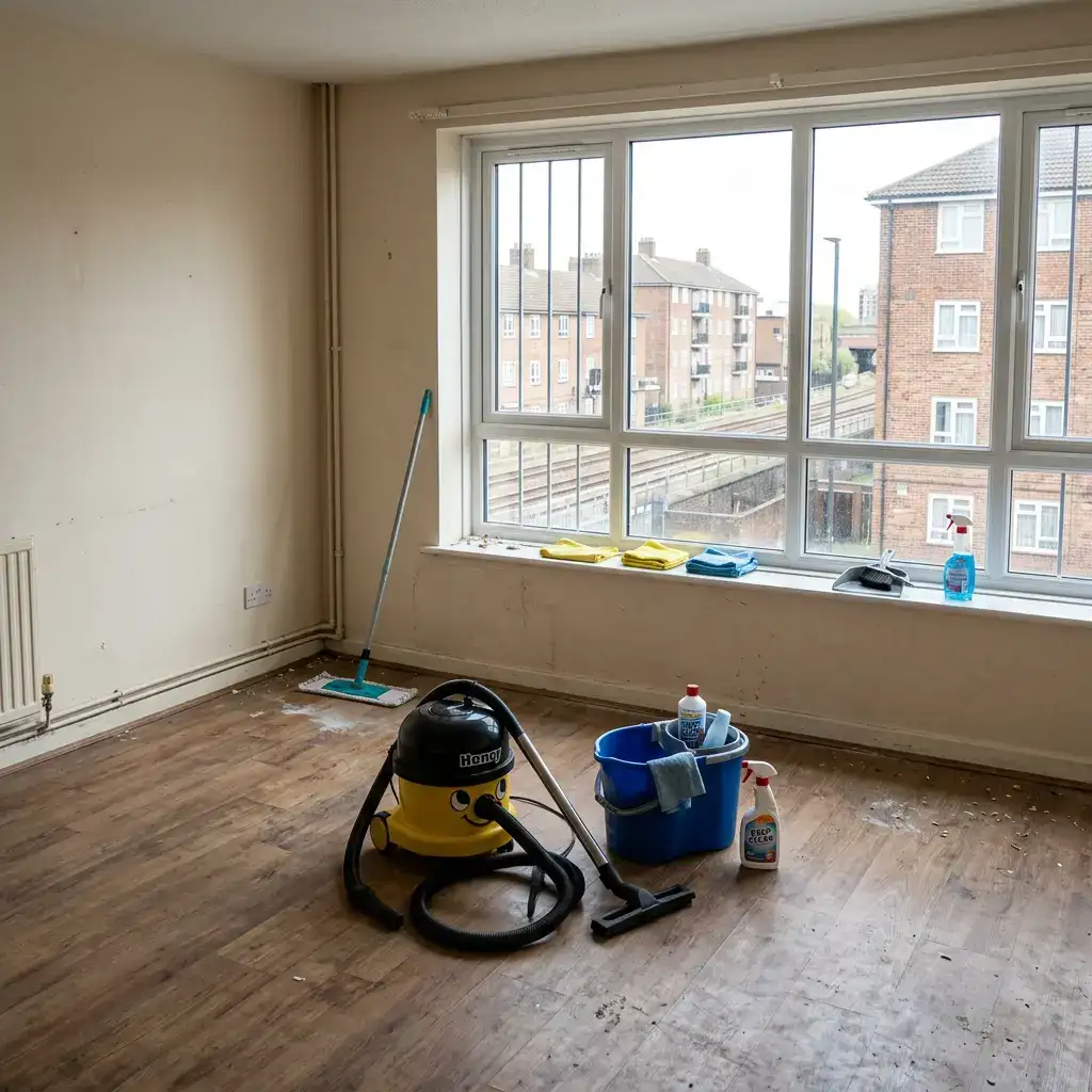 Cleaning equipment set out in a Canning Town flat during the deep clean turnaround