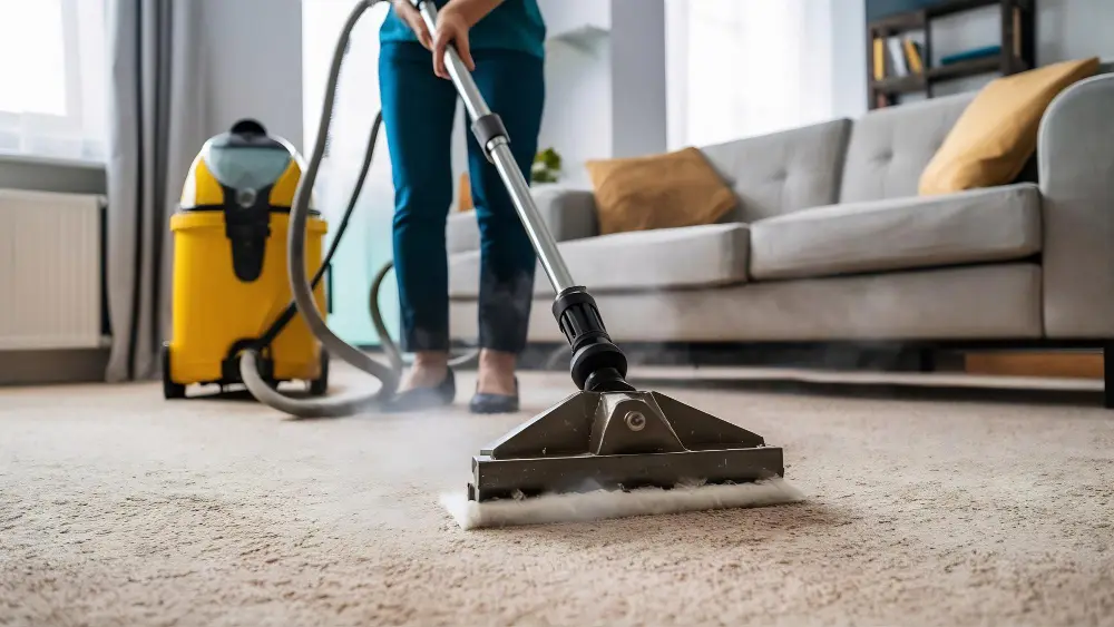 Professional steam cleaning carpet during post-maintenance deep clean in Canning Town