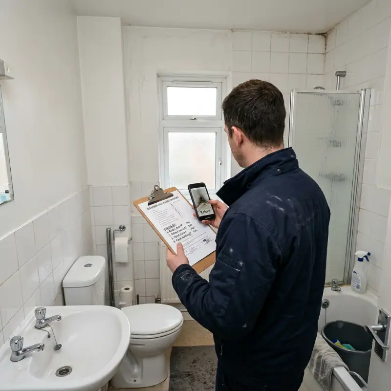 Maintenance inspection of bathroom deep clean with before photo and checklist sign-off