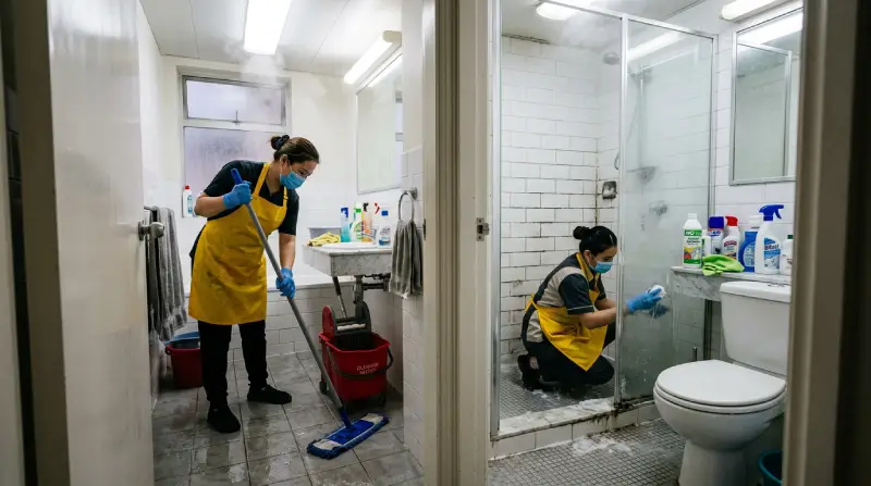 Professional cleaners deep cleaning a bathroom during mould and cleanliness inspection follow-up