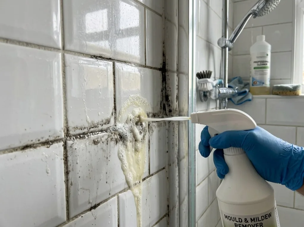 Mould remover being applied to bathroom wall tiles during treatment