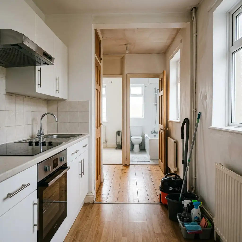 Henry vacuum and cleaning supplies ready in Barking Road flat kitchen hallway