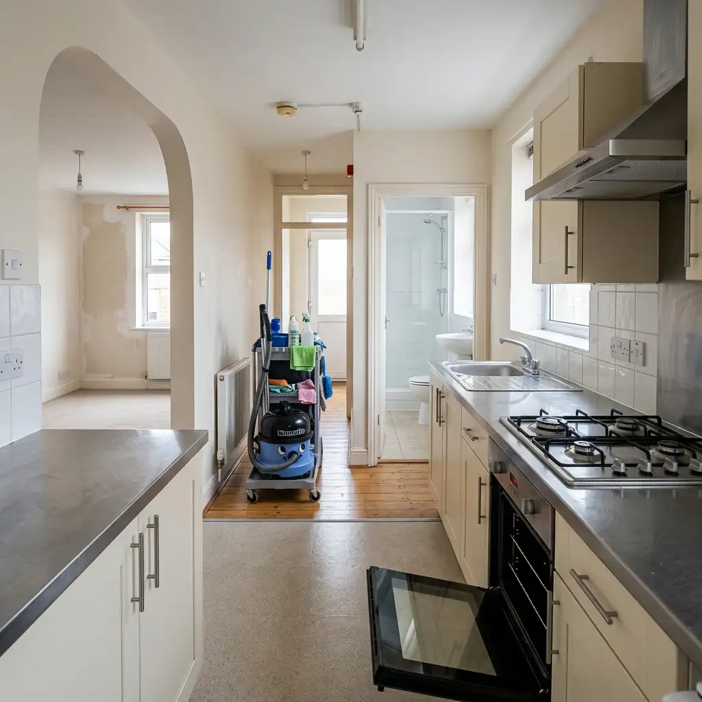 Cleaning trolley and vacuum in kitchen hallway during Barking Road end-of-tenancy clean