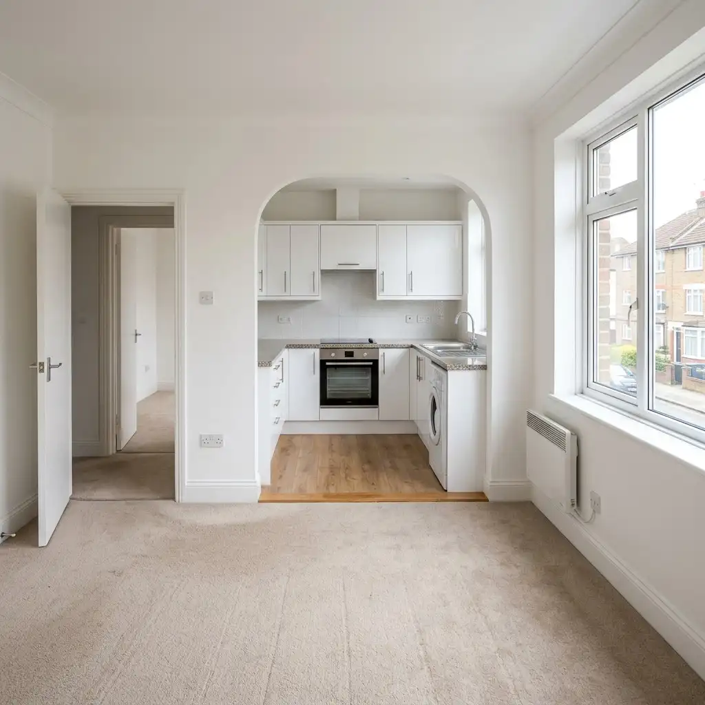 Empty living area and kitchenette cleaned to re-let standard at Claremont Close