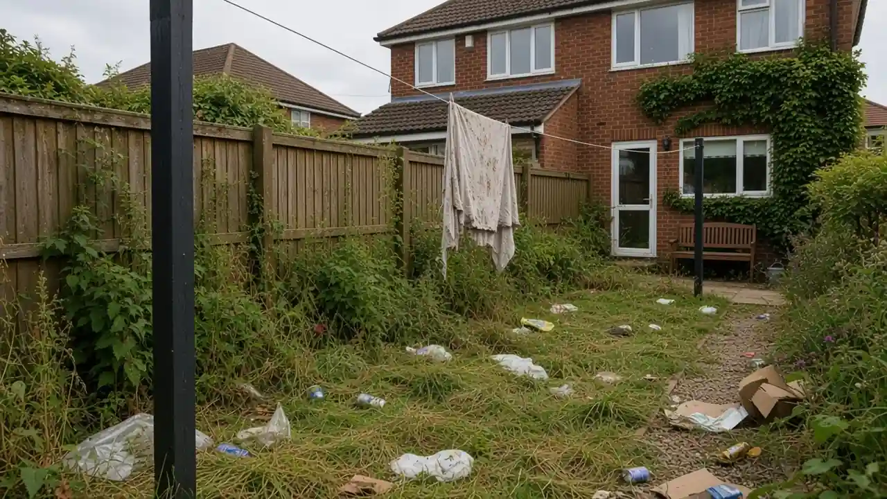 Overgrown garden before clean-up and clothesline installation