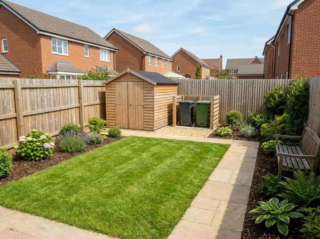 Cleared garden with bike shed and bin store access restored after fence-line clearance