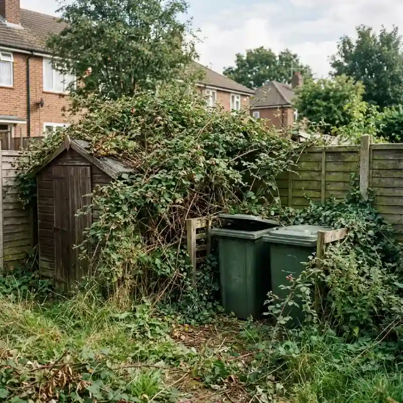 Overgrown brambles covering bike shed and bin store before garden clearance