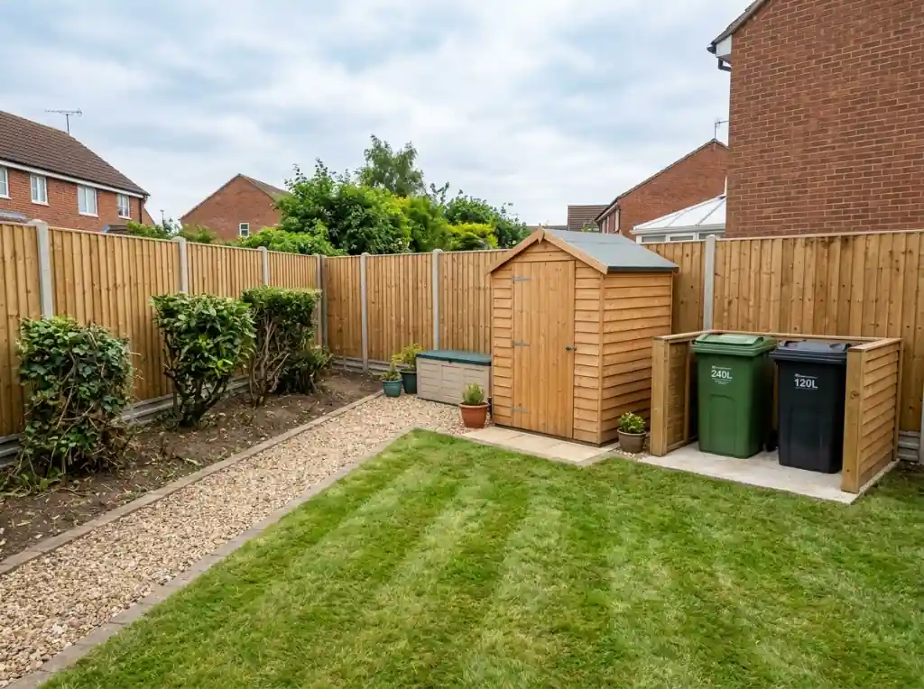 Cleared garden with shed and bin store after fence-line clearance in Canning Town