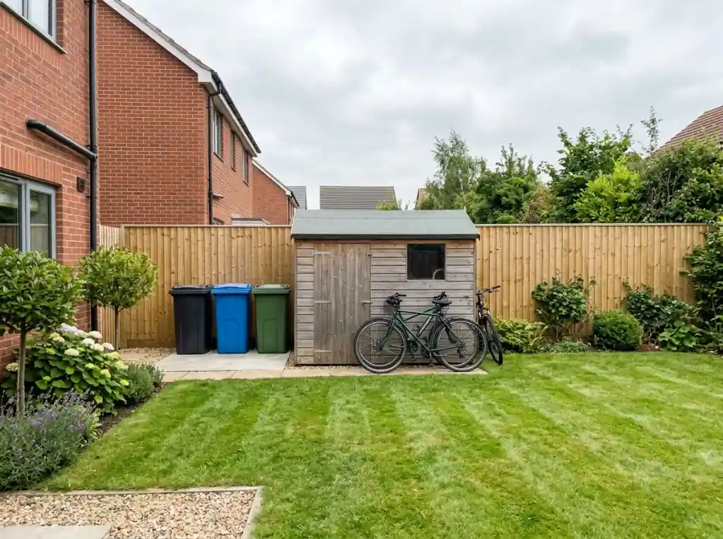 Cleared garden with shed, bins and bike access restored after fence-line clearance