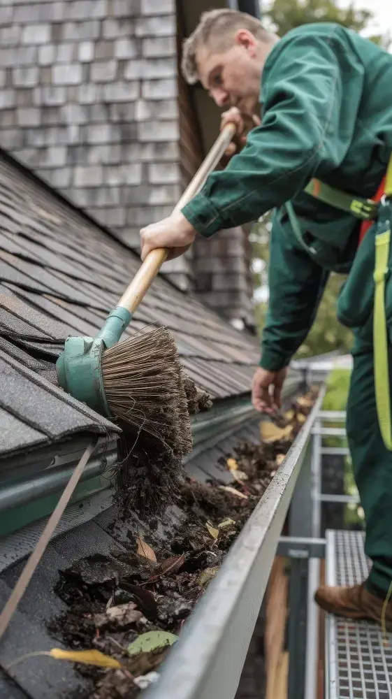 Professional clearing debris from a clogged London gutter