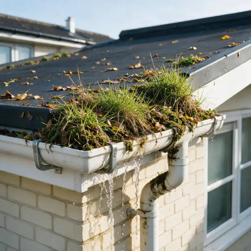 Overflowing gutter with moss, plants and blocked drainage