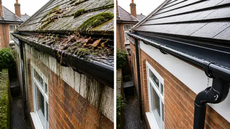 Before and after regular gutter cleaning on a London home