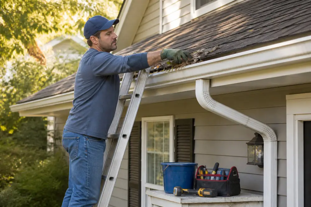 Technician on a ladder clearing leaves and debris from residential gutters