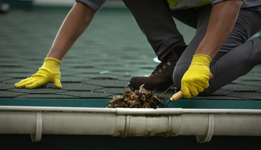 Gutter cleaner clearing blocked roof gutters on a London residential property