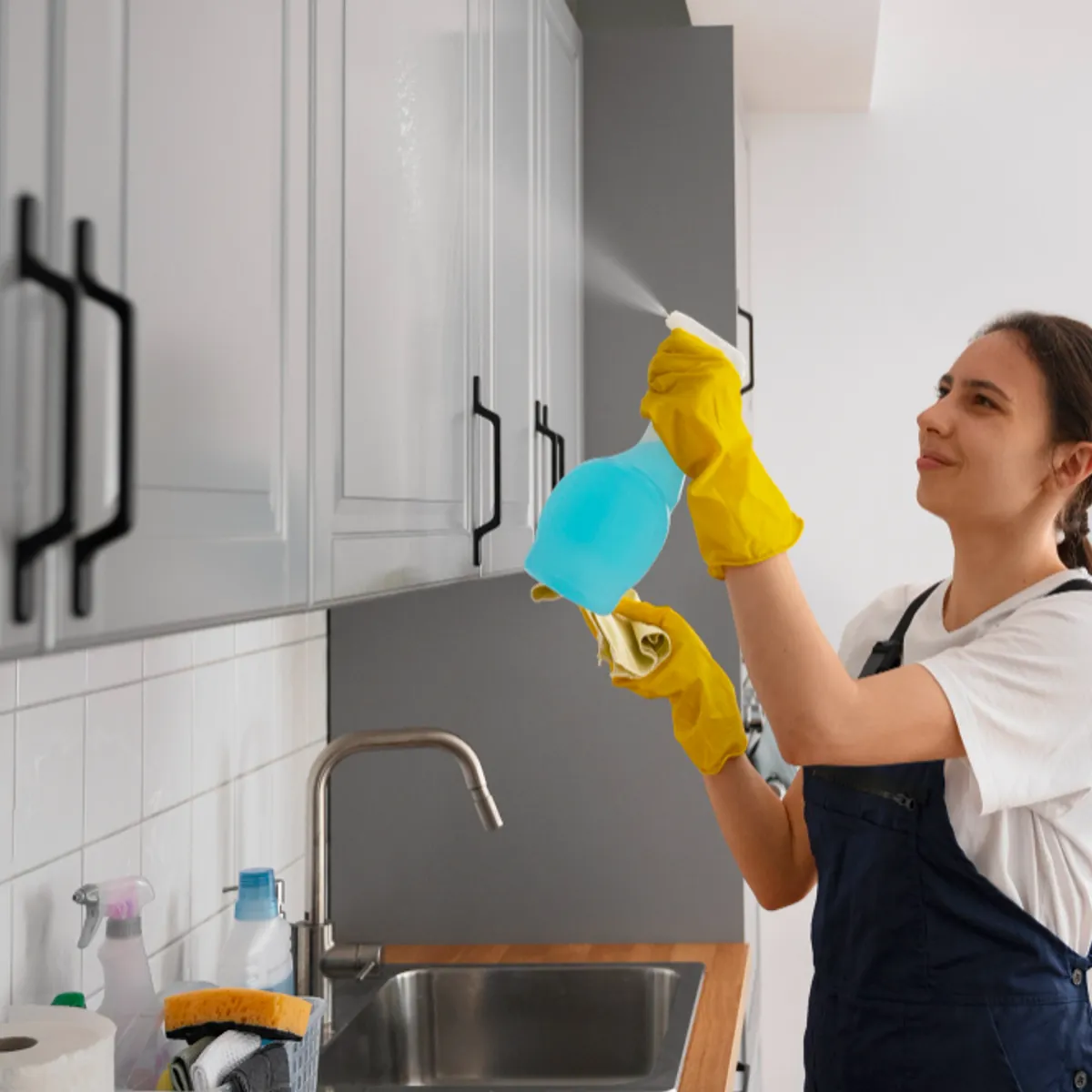 Professional cleaner wiping kitchen cabinets during end of tenancy cleaning