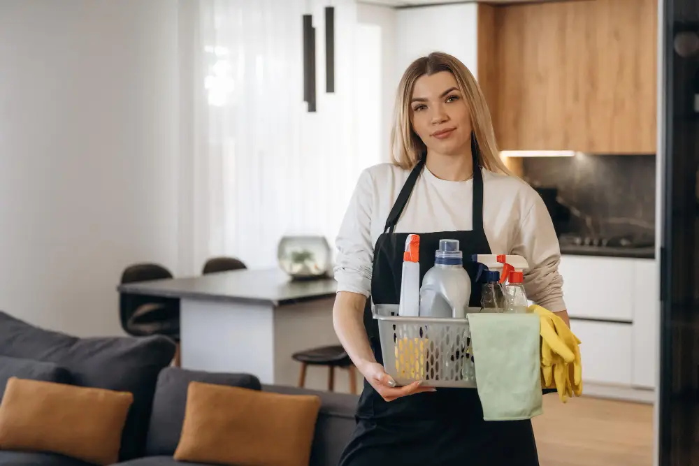 Professional end of tenancy cleaner with cleaning supplies in a London home